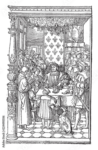 Antoine Macault Reading his Translation of Diodorus Siculus to King Francis I was Designed by Holbein, vintage engraving. photo