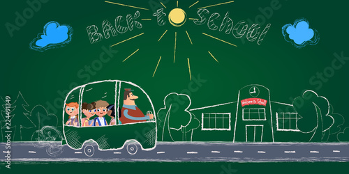 Vector illustration back to school, banner for your website. Children ride school bus to school, sun is shining.