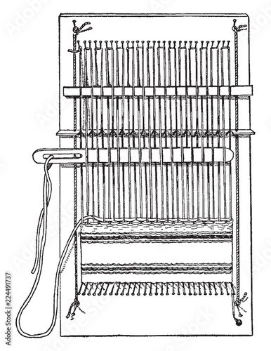 Complete pin loom, the pins holding the thread to the loom and the top and bottom, vintage engraving.