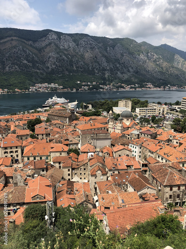 view of the cruise ship at the pier in the Bay of Kotor, Montenegro