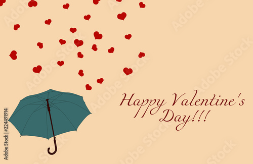 Blue umbrella and red hearts on beige, vintage