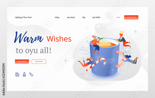 Vector illustration of big eggnog mug surrounded by happy tiny multi-colored people in Christmas headwears. Vector creative web design concept for seasonal marketing campaign, web design, mobile app.