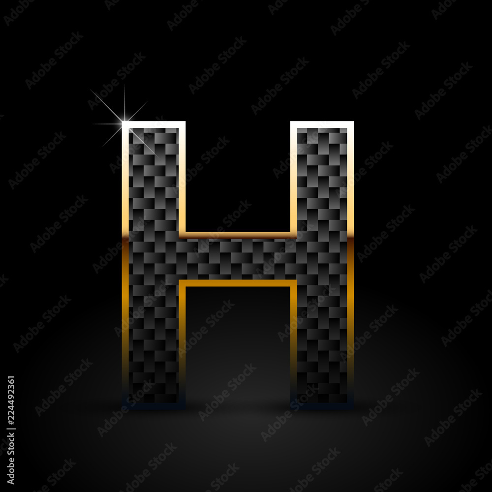 Black carbon fiber letter H uppercase with gold outline isolated on black background Black carbon fiber letter H uppercase with gold outline isolated on black background