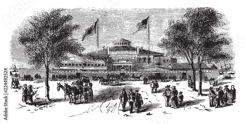 Castle Garden was once a circular sandstone fort now located in Battery Park at the southern tip of Manhattan, vintage engraving.