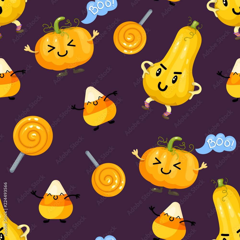 Seamless Pattern with Halloween Pumpkin and Sweets