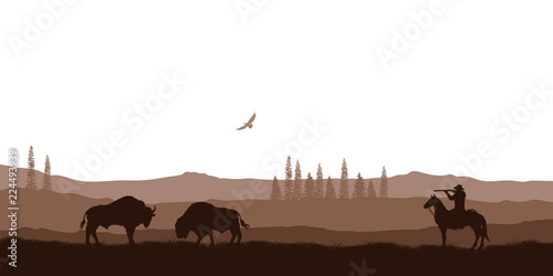 Silhouette of desert with cowboy on horse. Natural panorama of hunting scenery. American landscape. Wildlife western scene