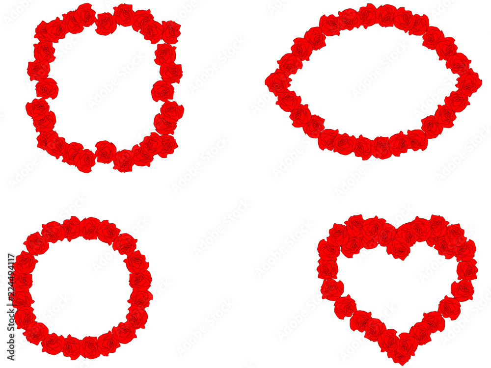 Floral set of red roses frames different shapes on white background, vector, eps 10
