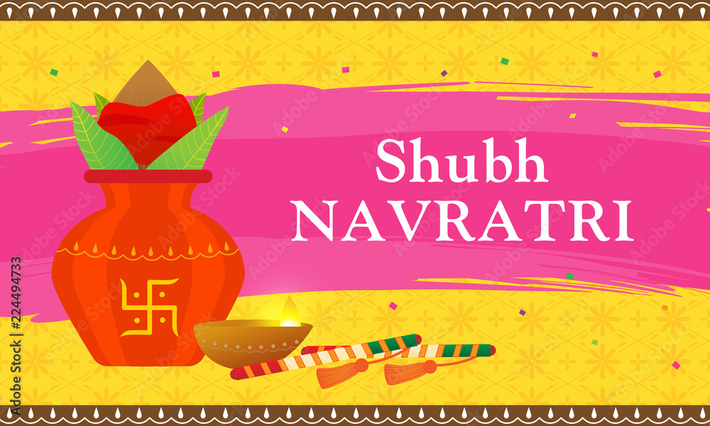 Shubh Navratri(Happy Navratri) banner vector illustration. Dandiya sticks,  indian oil lamp and kalash(pitcher pot) on yellow pattern background. Stock  Vector | Adobe Stock