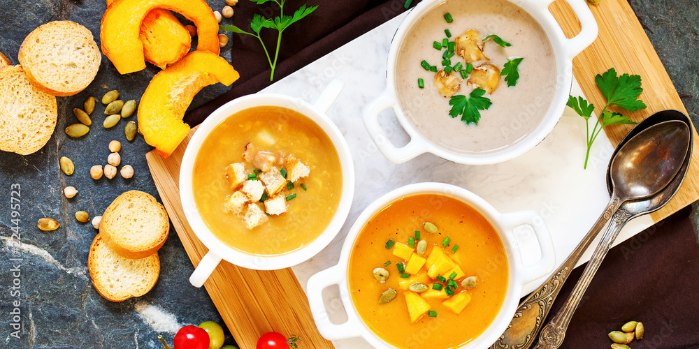 Concept of healthy vegetable and legume soups. Concept of healthy vegetable and legume soups.