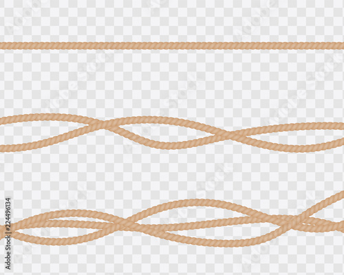 Set of realistic ropes or strings, straight and twisted. Natural twisted lines with loops isolated on a transparent background.
