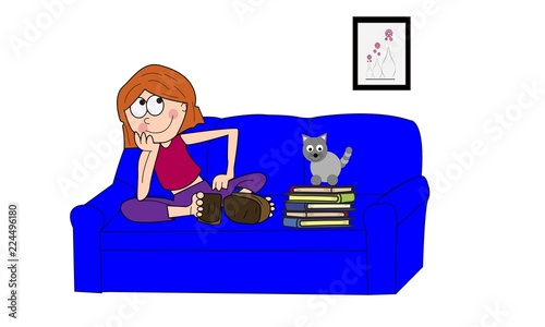 Chica pensando sentada en el sofá.