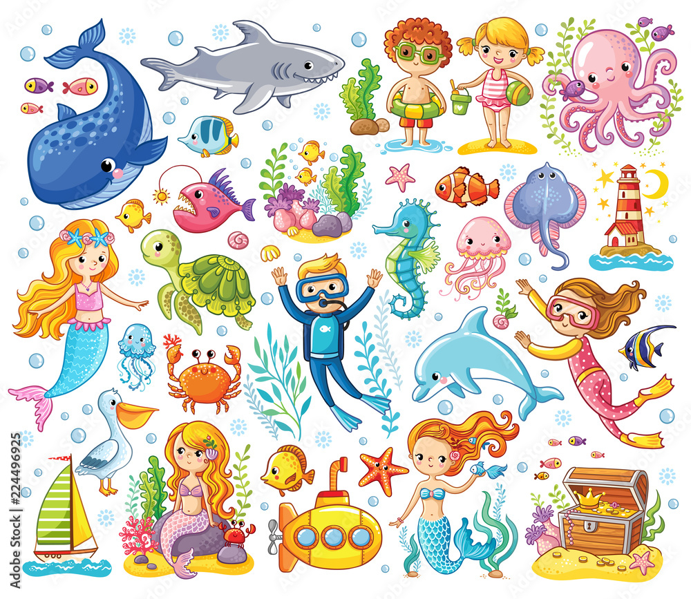 Fototapeta premium Vector set on a sea theme in a children's style. Sea animals.