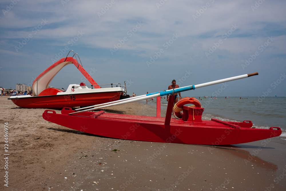 A boat used to rescue bathers by the sea