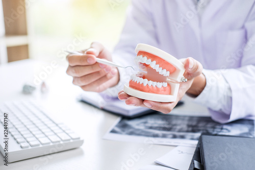 Dentist hand holding of jaw model of teeth and cleaning dental with dental tool