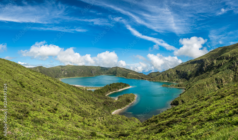 Fototapeta premium Panoramic view of Fogo lake in Sao Miguel Island, Azores, Portugal