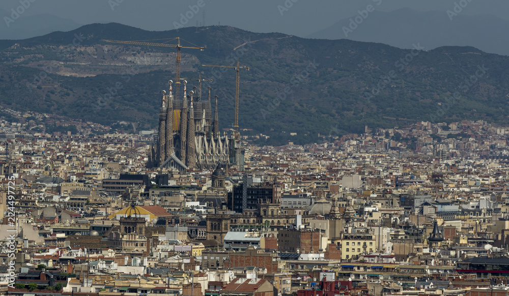 City of Barcelona. Among buildings famous Sagrada Familia