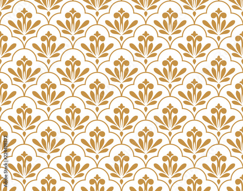 Flower geometric pattern. Seamless vector background. White and gold ornament. Ornament for fabric, wallpaper, packaging, Decorative print