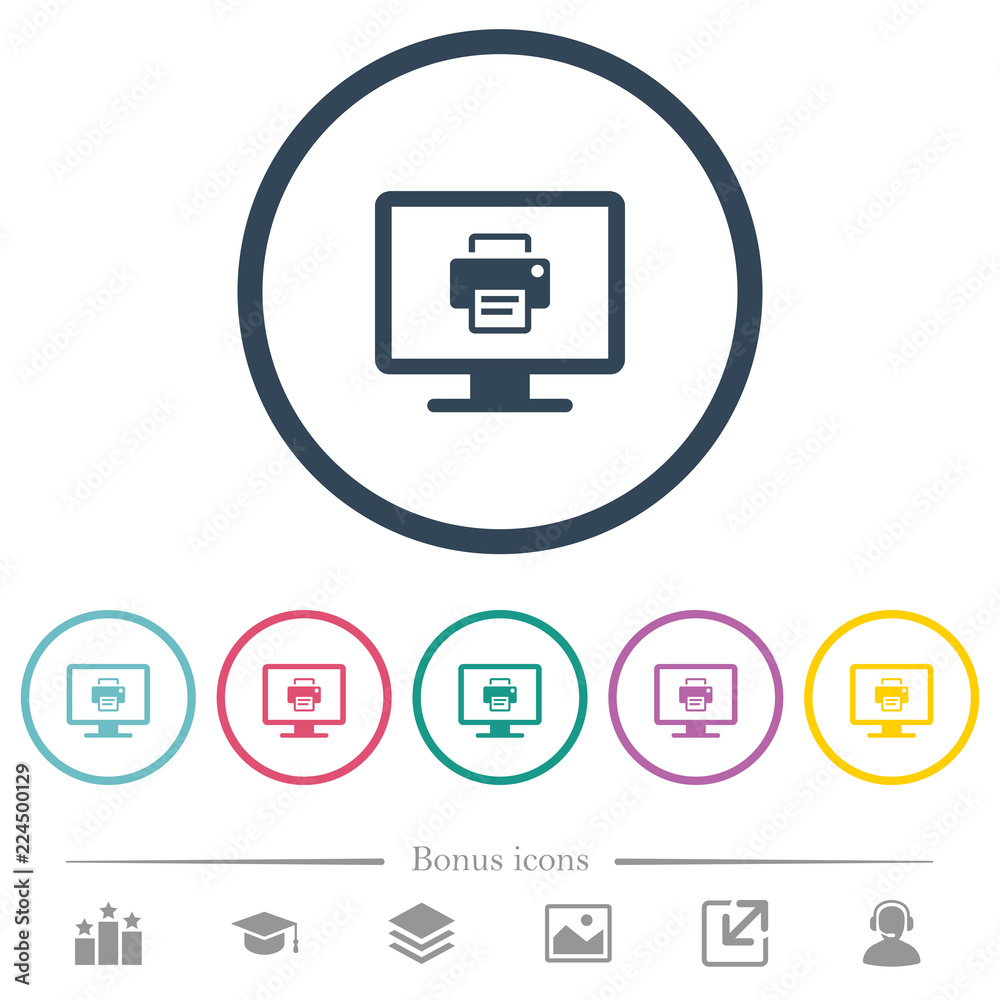 Print screen flat color icons in round outlines Print screen flat color icons in round outlines