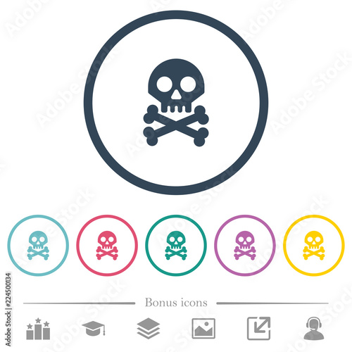 Skull with bones flat color icons in round outlines