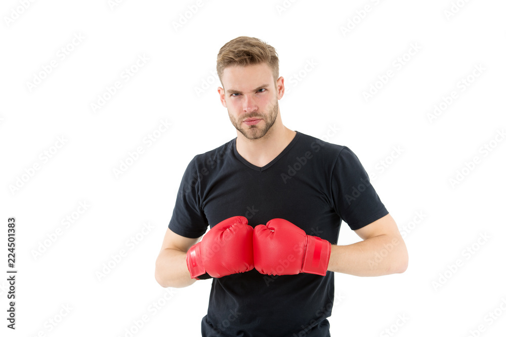 Every day as struggle. Sportsman boxer with gloves. Boxing concept. Man athlete boxer concentrated face with sport gloves. Boxer practice fighting skills isolated white. Boxer handsome strict coach Every day as struggle. Sportsman boxer with gloves. Boxing concept. Man athlete boxer concentrated face with sport gloves. Boxer practice fighting skills isolated white. Boxer handsome strict coach