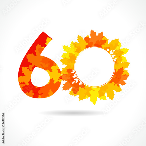 60 th years old logotype. Bright red leaves, coloured offer, congratulating celebrating decorating template. Isolated shape, 3D trendy abstract digits, up to -60 % percent off creative graphic label.