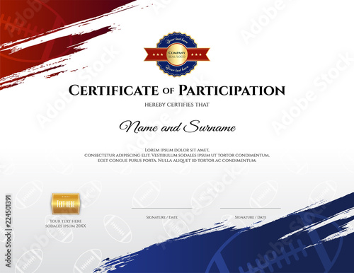 Certificate template in rugby sport theme with border frame, Diploma design