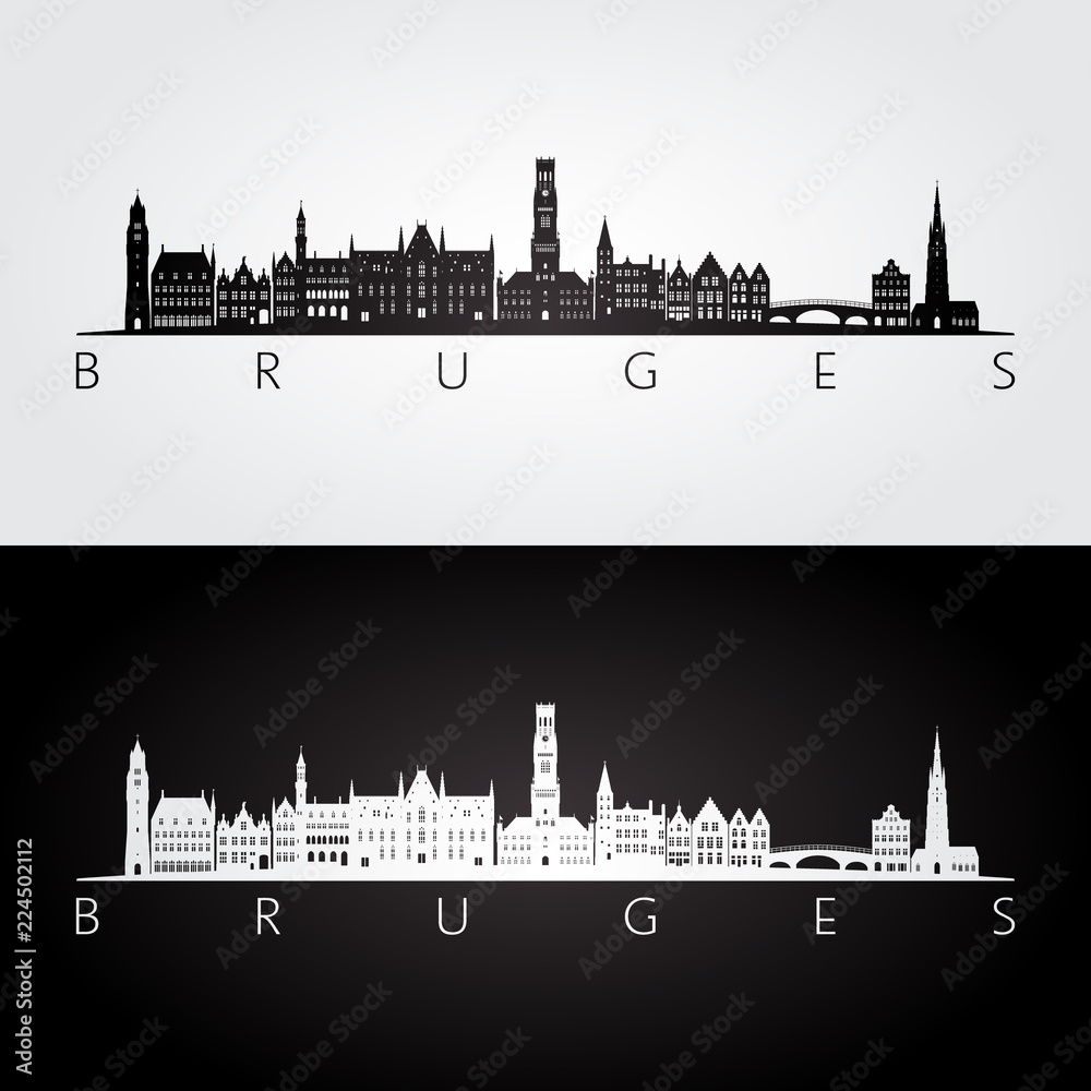Naklejka premium Panoramę Brugii i zabytki sylwetka, czarno-biały design, ilustracji wektorowych.