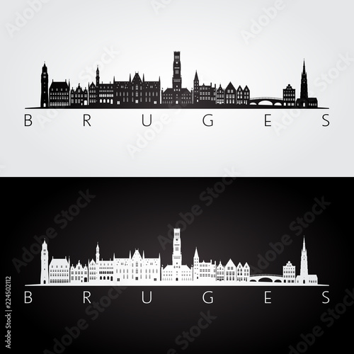 Bruges skyline and landmarks silhouette, black and white design, vector illustration.