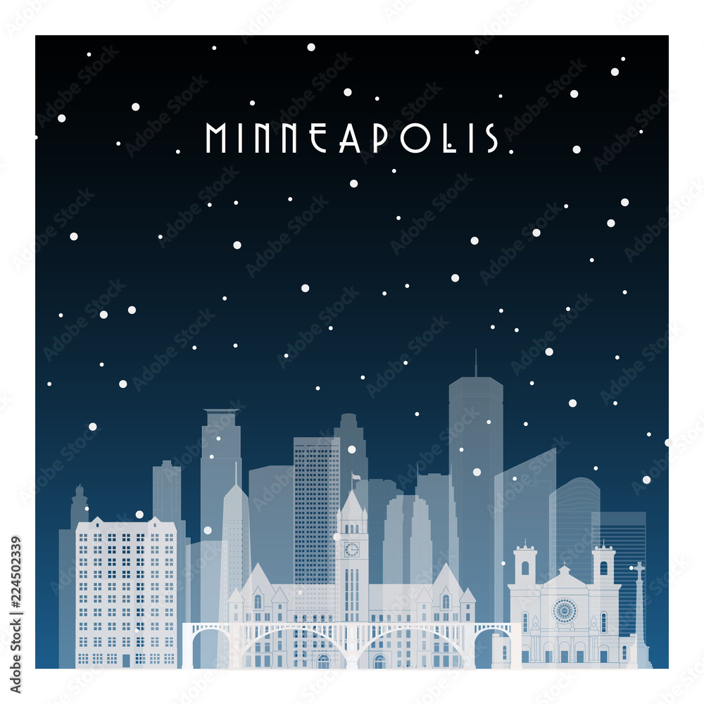 Winter night in Minneapolis. Night city in flat style for banner, poster, illustration, background.