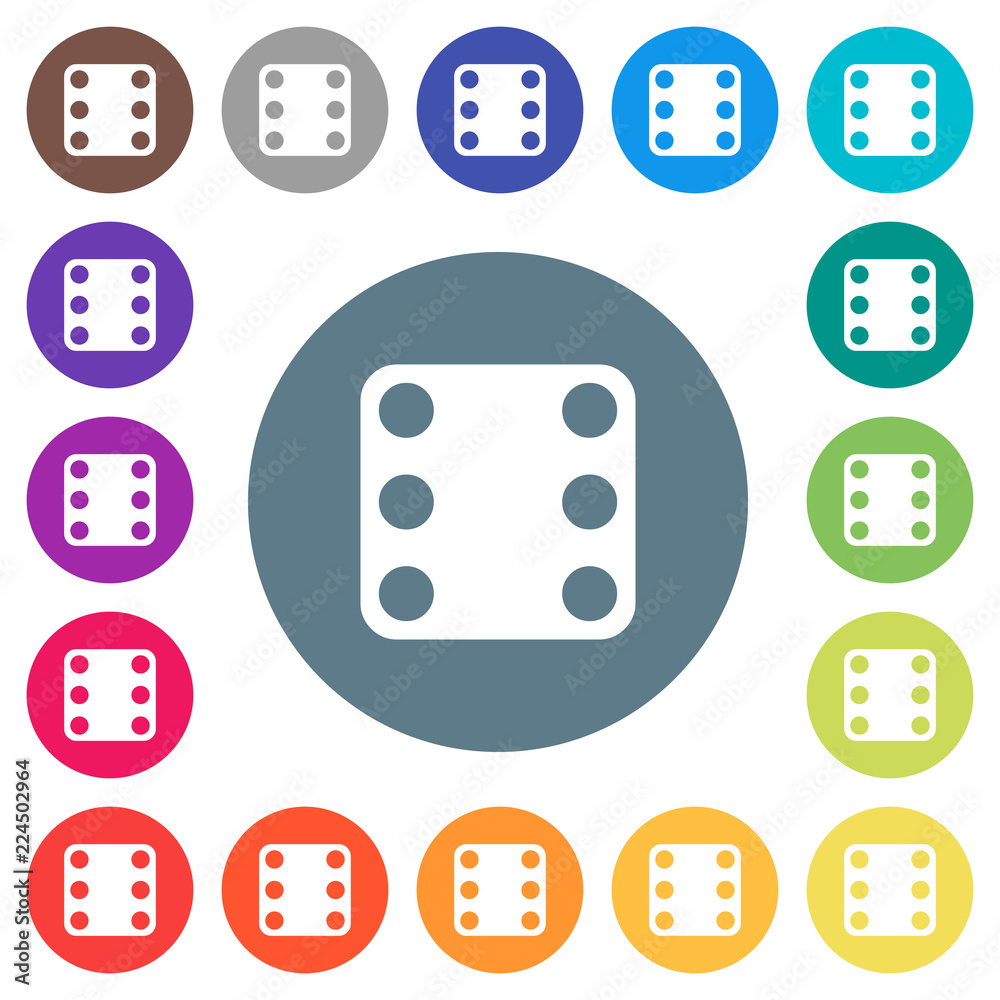 Domino six flat white icons on round color backgrounds