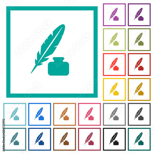 Feather and ink bottle flat color icons with quadrant frames