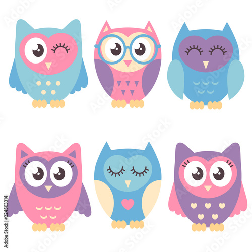 Icons of cute owls isolated on white