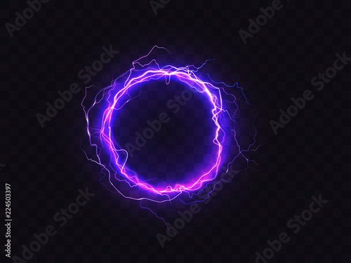 Vector shining circle of purple lighting isolated on dark background. Illuminated violet round frame. Digital effect of glowing, electrical discharge, design decoration. Sparkle, fluorescence. photo