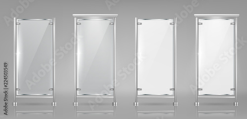 Vector set of empty glass banners on metal racks, transparent and white displays isolated on background. Mockup with blank billboards, vertical panels for information and outdoor advertising