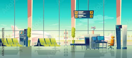 Airport security check vector illustration of terminal with passenger and baggage X-ray scanner checkpoint. Cartoon interior of waiting hall seats with view to airfield. Comfort and safety concept