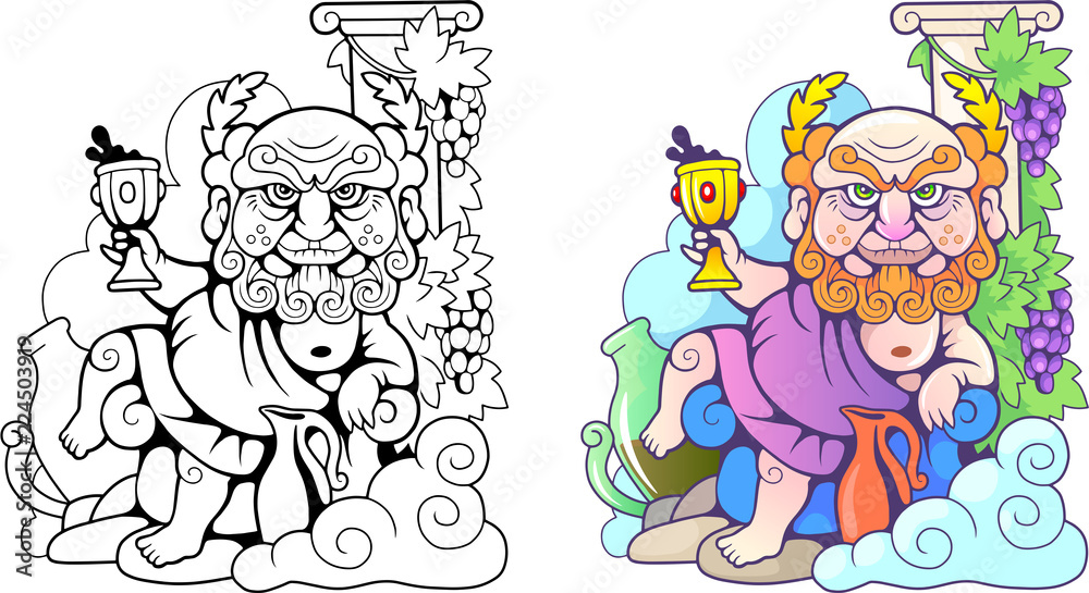 Cartoon Greek god Dionysus, funny illustration, coloring book Cartoon Greek god Dionysus, funny illustration, coloring book