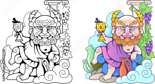 Cartoon Greek god Dionysus, funny illustration, coloring book