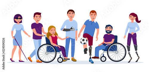 Disabled people with disabilities and prosthesis, blind woman, people on wheelchairs, High-Tech Running Prosthetics, Prosthetic Hand vector flat illustration. Men and women with incapability