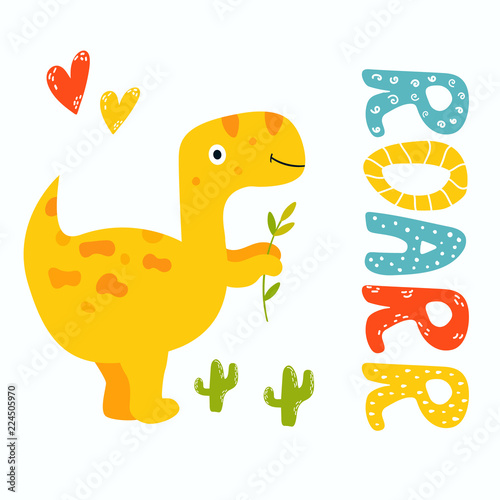 Cute yellow trex dino. Roarr greeting card