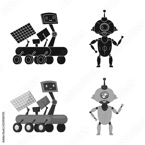 Vector illustration of robot and factory symbol. Set of robot and space stock symbol for web.