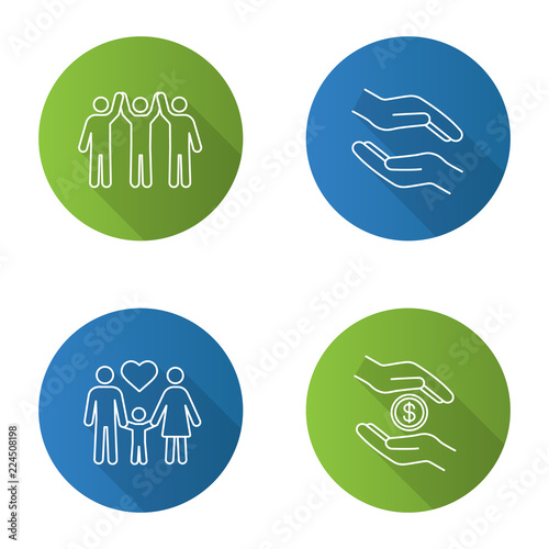 Charity flat linear long shadow icons set