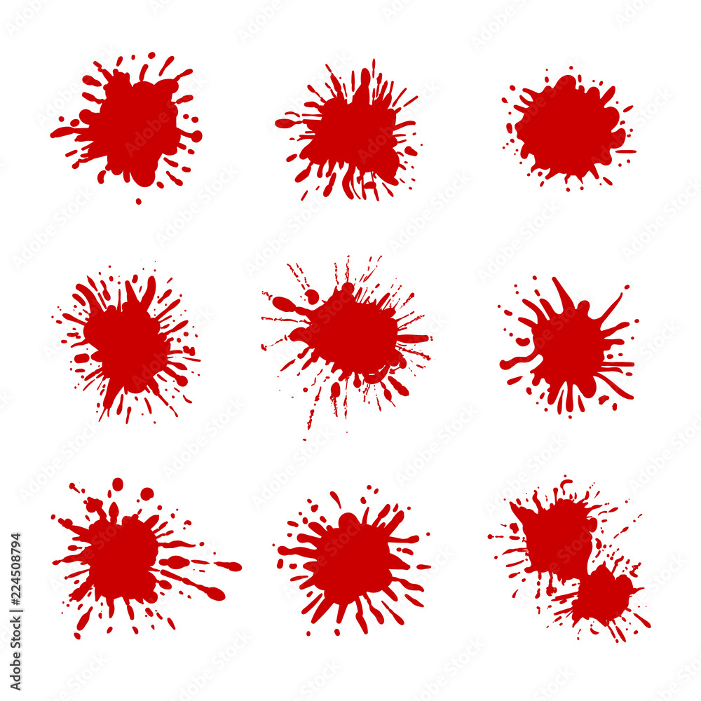 Vector Blood Spots Set, Red Splatters Isolated on White Background
