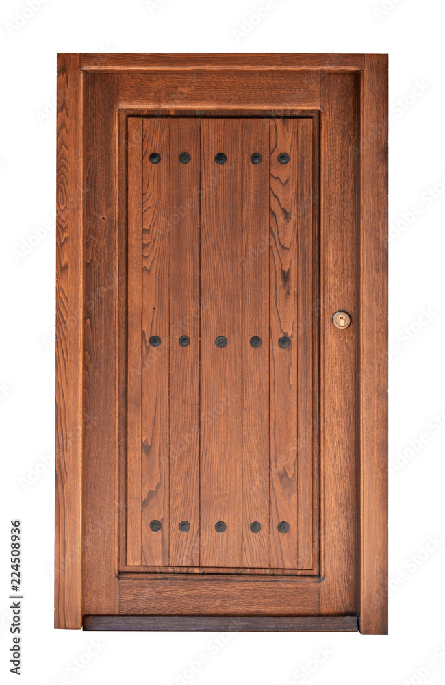 Naklejka premium A wooden door with iron nails isolated on white background