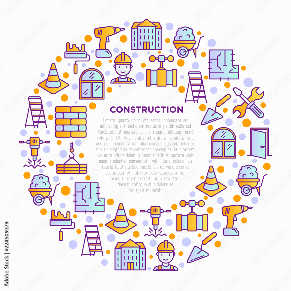 Construction concept in circle with thin line icons: builder in helmet, work tools, brickwork, floor plan, plumbing, drill, trowel, traffic cone, wheelbarrow. Vector illustration, print media template