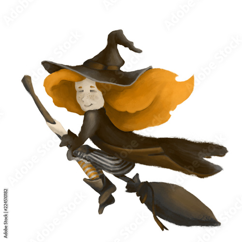 A little cute witch on a broomstick. A girl with yellow hair and a hat. An illustration is isolated. Sepia