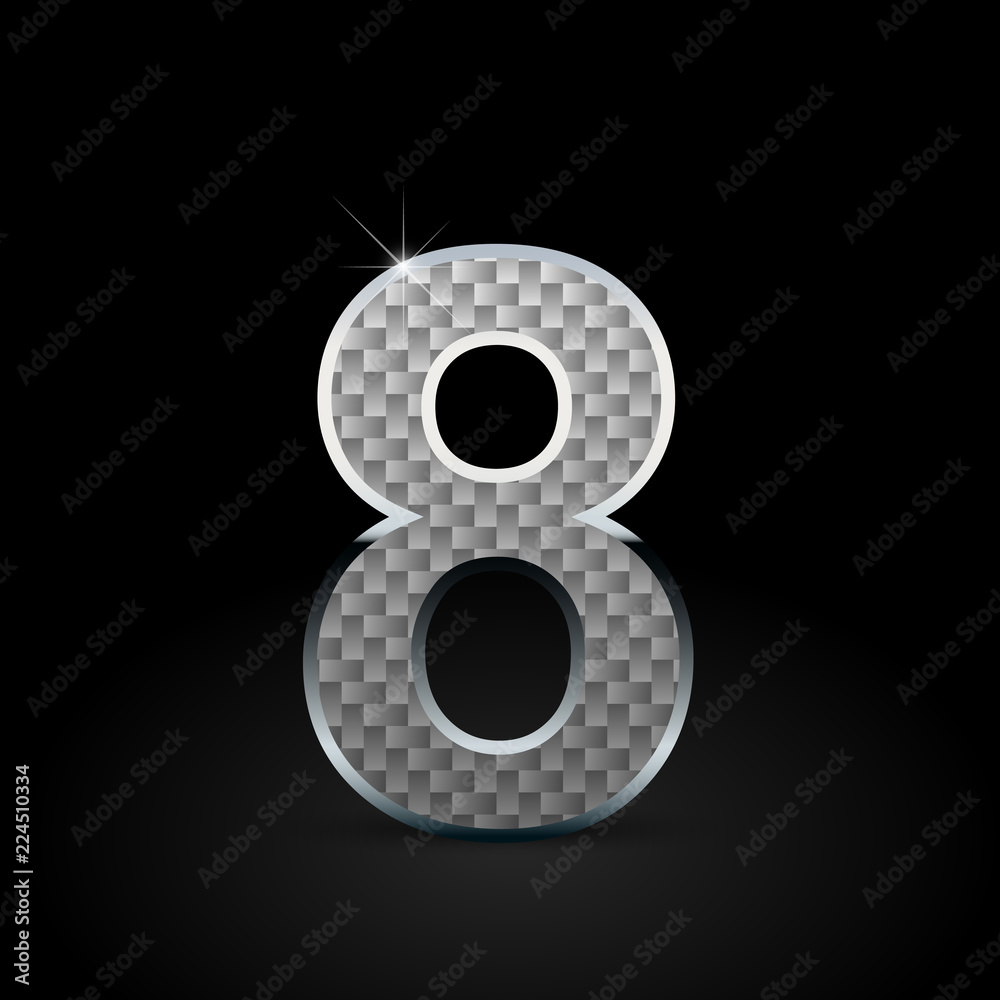 White carbon fiber number 8 with chrome outline isolated on black background White carbon fiber number 8 with chrome outline isolated on black background
