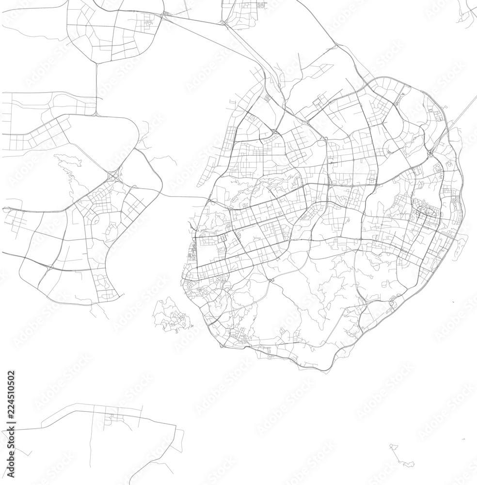 Cartina di Xiamen, provincia di Fujian, vista satellitare, mappa in bianco e nero. Stradario e mappa della città. Cina Cartina di Xiamen, provincia di Fujian, vista satellitare, mappa in bianco e nero. Stradario e mappa della città. Cina