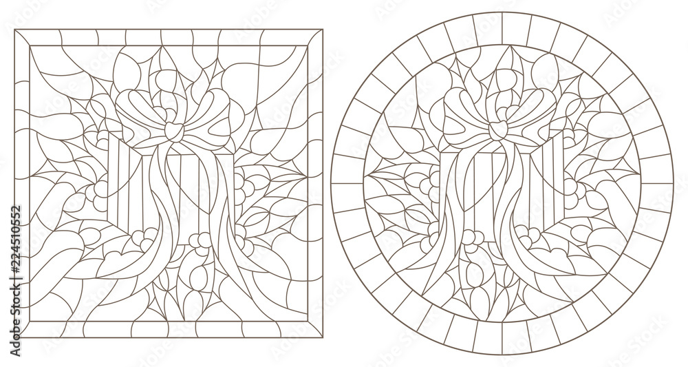 Set of contour illustrations in stained glass style for the New year and Christmas,gift box, Holly branches and ribbons in the frame, round and square image
