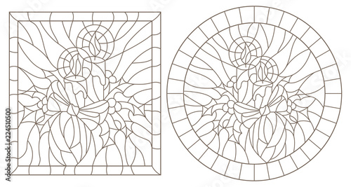 Set of contour illustrations in stained glass style for the New year and Christmas, candles, Holly branches and ribbons in the frame, round and square image