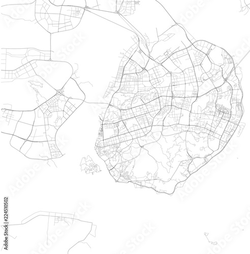 Cartina di Xiamen, provincia di Fujian, vista satellitare, mappa in bianco e nero. Stradario e mappa della città. Cina